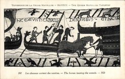 La POSTAL Tapisserie de la VENDIMIA de la reina Matilde Bayeux los caballos sale de las naves