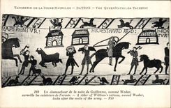 Tapicería de la POSTAL de la VENDIMIA de la reina Matilde Bayeux un chevauchor de la continuación de Guillermo Wadar