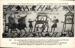 La POSTAL Tapisserie de la VENDIMIA de la reina Matilde Bayeux un jefe se acerca a Guillermo