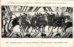 CPA Tapisserie de la Reine Mathilde Bayeux Guillaume marche a la rencontre d'Harold