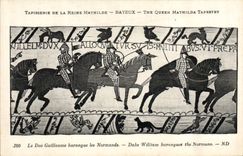 Tapicería de la POSTAL de la VENDIMIA de la reina Matilde Bayeux el harangue de duque Guillermo los normandos