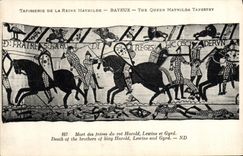 CPA Tapisserie de la Reine Mathilde Bayeux Mort des freres du roi Harold Lewine et Gyrd