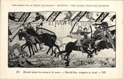 La POSTAL Tapisserie de la VENDIMIA de la reina Matilde Bayeux Harold muere las armas con la mano