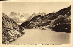 POSTAL de la VENDIMIA masiva del lago blanco mont Blanc y la cadena de Mont Blanc