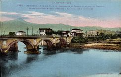 VINTAGE POSTCARD Hendaye Seen of the Bridges International of the railroad and the tram and the first houses of Spain 3 crowns