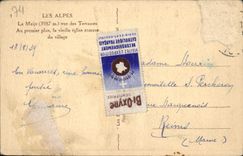 POSTAL de la VENDIMIA las montan@as Meije visto de la iglesia romántica de la mujer mayor de las terrazas de la aldea