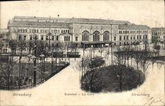 Tranvía de la estación de tren de Strassburg Bahnhof de la POSTAL de la VENDIMIA
