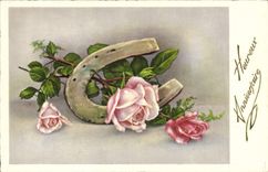 VINTAGE POSTCARD Happy Fantaisie Birthday Flowers Horseshoe