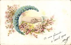 VINTAGE POSTCARD Fantaisie has my Fiancee Fleurs Hand the Moon