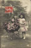 VINTAGE POSTCARD Fantasy Child Wheelbarrow Flowers
