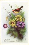 CPA Fantaisie Fleurs Oiseau