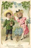VINTAGE POSTCARD Fantasy Children Wheelbarrow Flowers Clover