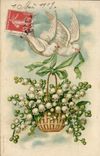 VINTAGE POSTCARD Fantasy Flowers Doves Lily of the valley