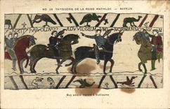La POSTAL Tapisserie de la VENDIMIA de la reina Matilde que el individuo de Bayeux trae a Harold tiene Guillermo