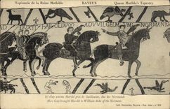 La POSTAL Bayeux Tapisserie de la VENDIMIA del individuo de la reina Matilde Ici trajo a Harold cerca de Guillermo