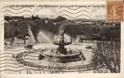 VINTAGE POSTCARD Aix In Provence Panoramic View of the Large Fountain and the avenue