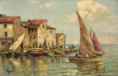 VINTAGE POSTCARD Painting Boat