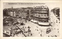 CPA Marseille La Quai du Port et Rue de la Republique Tramway Bateaux