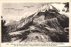 Ferrocarril de la POSTAL de la VENDIMIA de Chamonix Mont Blanc que lleva al glaciar del collar de Bionnassay del hotel de la cabaña del país de Voza y de la cadena del montaje