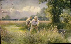 VINTAGE POSTCARD Fantasy Peasants Mowing
