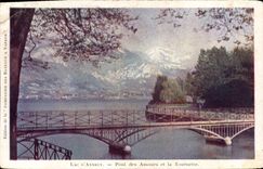 Lago bridge de Annecy de la POSTAL de la VENDIMIA de los amores y del hilandero