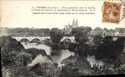 CPA Tours Vue Generale Sur La Loire Le pont de pierre La cathedrale Saint Gatien