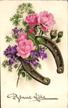 CPA Fantaisie Fleurs Bonne Fete Fer a cheval