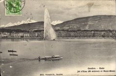 VINTAGE POSTCARD Geneva Splits Jet of Water and Mont Blanc