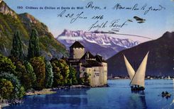 VINTAGE POSTCARD Castle of Chillon and Dents of the South Boat