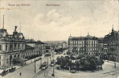 VINTAGE POSTCARD Gruss aus Mainz Bahnhofplatz