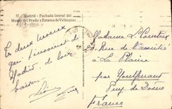 VINTAGE POSTCARD Madrid Fachada side del Museo del Prado there Estatua de Velasquez