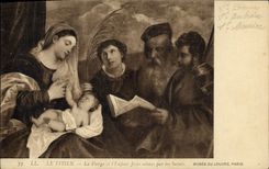 VINTAGE POSTCARD Museum Of Louvre Paris Titien the Virgin and the Jesus child adore by the Saints