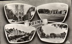 CPM Reims Place de la Republique et porte de Mars Rue J D Rockefeller et la Cathedrale 