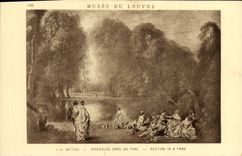 VINTAGE POSTCARD Assembled In a Park Watteau Paris Museum of Louvre