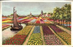 VINTAGE POSTCARD Fantasy Flowers Tulips Boat