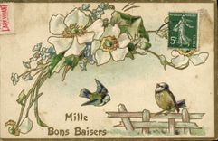 VINTAGE POSTCARD Thousand Good Kisses Flowers birds