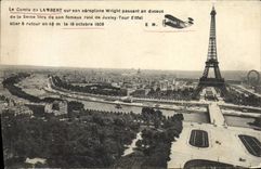 VINTAGE POSTCARD the Count Da Lambert on his Wright airplane passing to the top of the Seine Paris Eiffel Tower Plane