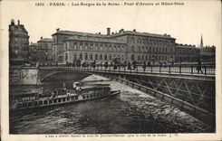 VINTAGE POSTCARD Paris Banks of the Seine Bridge D' Arcole and Hotel God Boat Barge