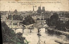 Panorama de París de la POSTAL de la VENDIMIA en el Seine el ISCED Notre Dame y el punto del verde galante