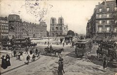 VINTAGE POSTCARD Paris the Place Saint Michel and the church Notre Dame Tram