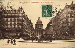 CPA Paris Le Pantheon et la Rue Souffiot Caleche Attelage Cheval
