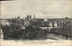 Panorama de París de la POSTAL de la VENDIMIA en el Seine hacia Notre Dame y las cortes de ley