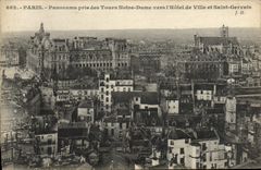 Panorama de París de la POSTAL de la VENDIMIA tomado de los viajes Notre Dame hacia el ayuntamiento y el Gervais santo