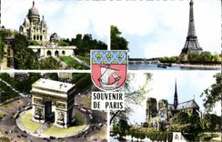 CPM Souvenir De Paris Sacre Coeur Tour Eiffel Arc de Triomphe Notre Dame