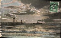 Puesta del sol de Trouville de la POSTAL de la VENDIMIA en el barco de mar