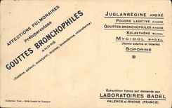 La salida del sol suave de Francia de la POSTAL de la VENDIMIA fuera de la salud de la publicidad del taladro cae la valencia de Badel de los laboratorios de los bronchophiles en el Rin