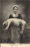 CPA En Bretagne Jeune Bretonne et son Porte bonheur Cochon Porc Folklore 