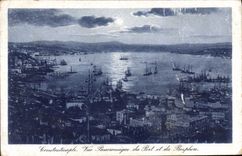 VINTAGE POSTCARD Constantinople Panoramic View of the port and the Bosphorus Boat
