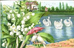 VINTAGE POSTCARD Fantasy Flowers Lily of the valley Sygnes Doves