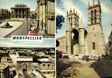 CPM Montpellier Place de la Comedie et theatre Arc de Triomphe et chateau d'eau Cathedrale St Pierre